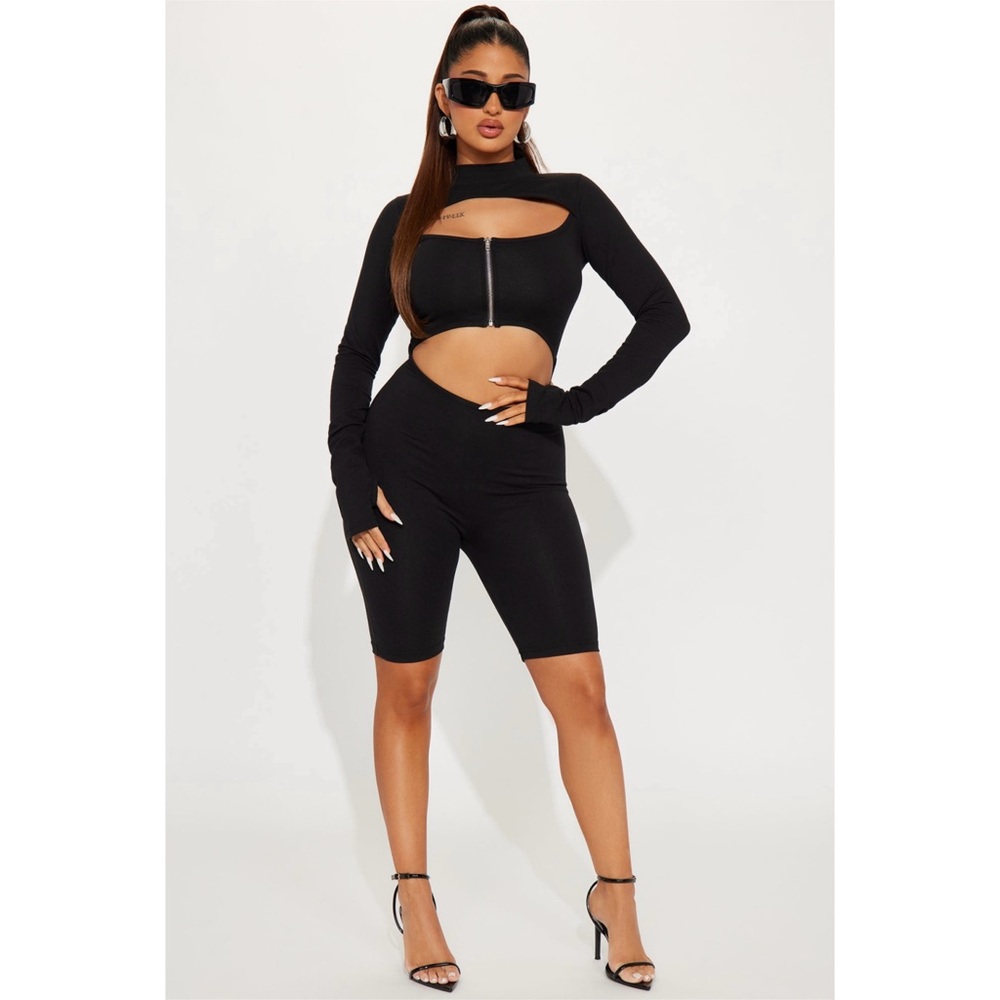 Fashion Nova Black Long Sleeve Front Zipper Cutout Biker Short One Piece Romper